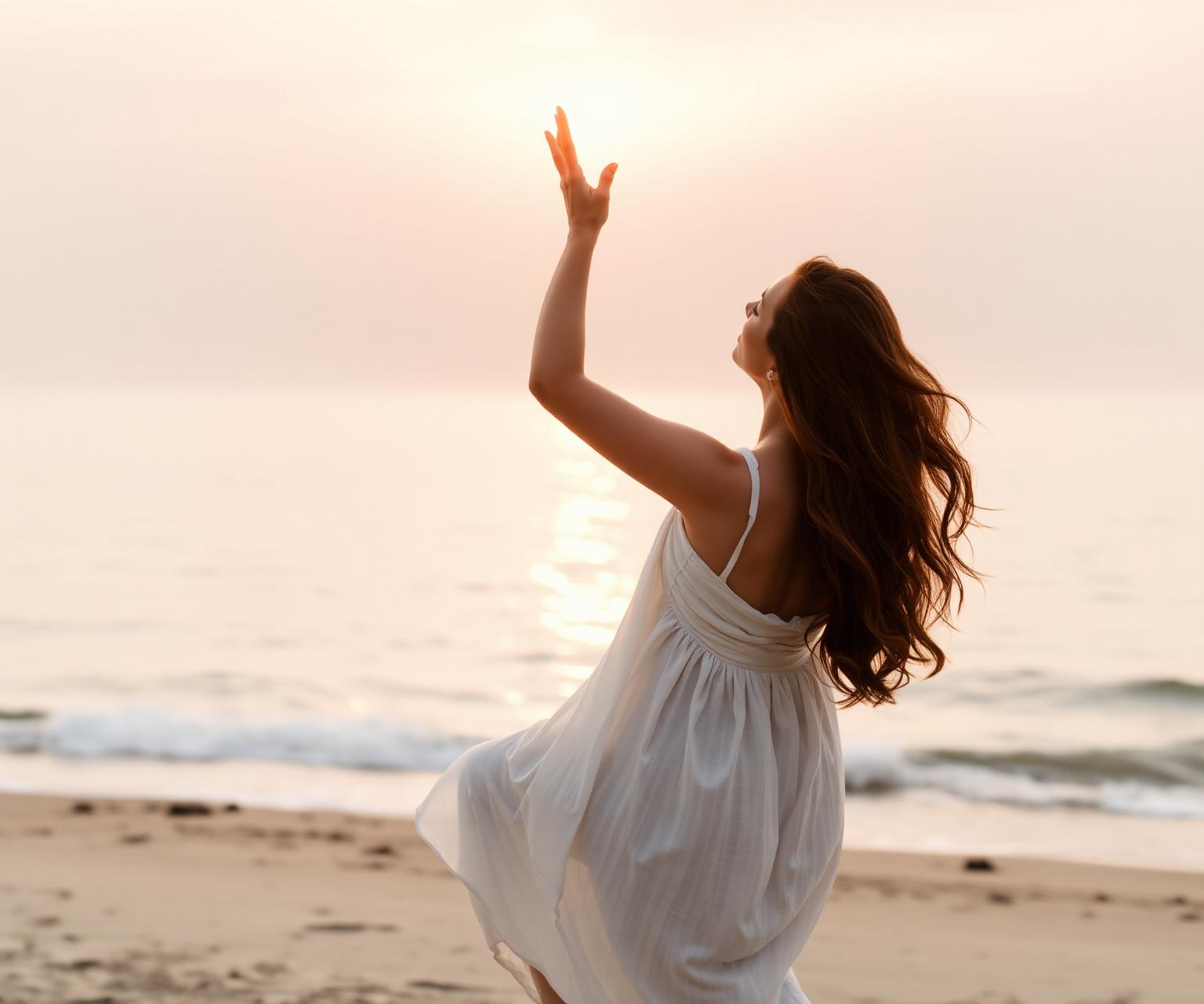 Mulher em momento de leveza ao amanhecer
